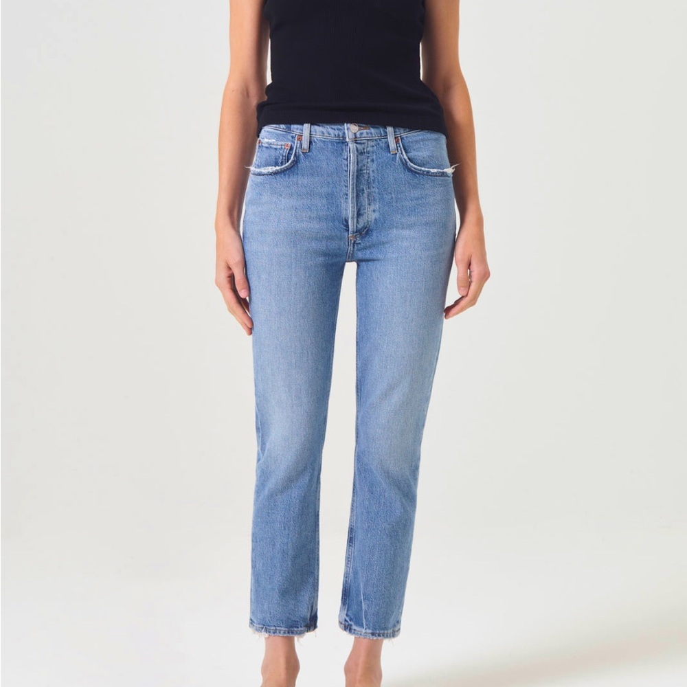 High rise AGOLDE jeans. Organic, recycled cotton.